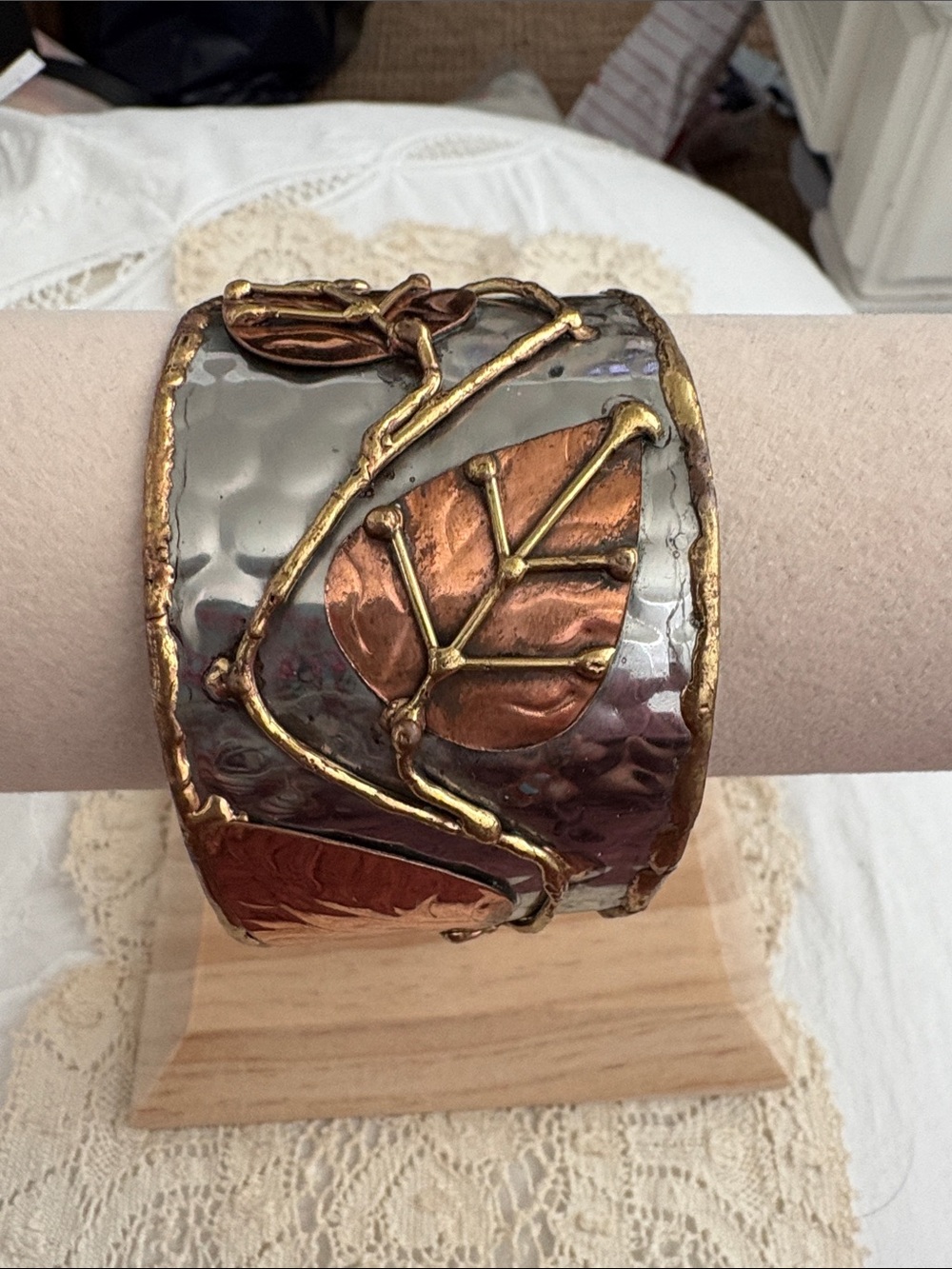 Handcrafted Hammered Copper Leaf Cuff Bracelet - Copper & Silver Tones